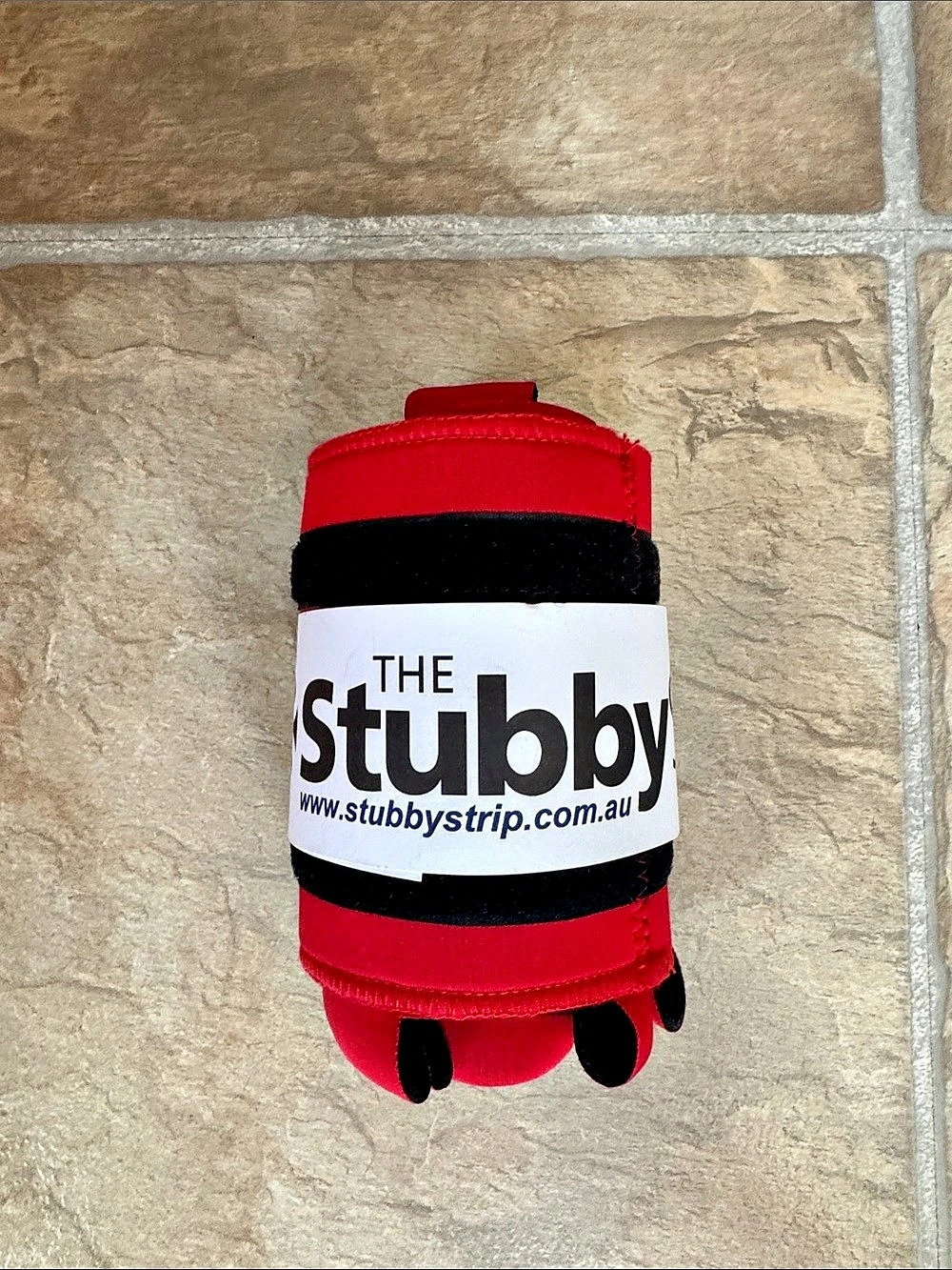 The Stubby Strip Red & Black Striped Beverage Carrier with Shoulder Strap